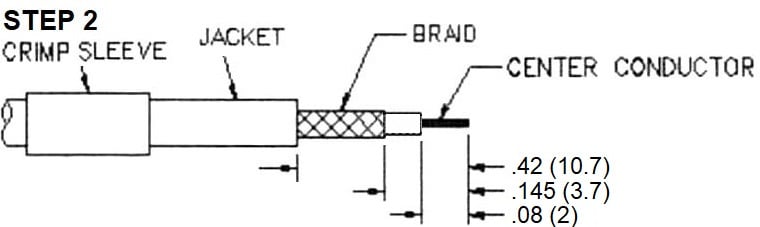 SMA male Crimp Connector for RG-174, RG-316, and LMR-100A Coax 7805-SMA-174 installation guide step 2 - Max-Gain Systems Inc