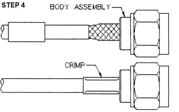 SMA male Crimp Connector for RG-174, RG-316, and LMR-100A Coax 7805-SMA-174 installation guide step 4 - Max-Gain Systems Inc