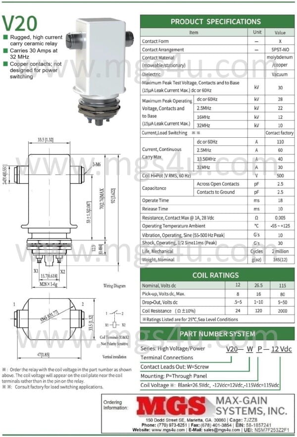 Greenstone V20WP Vacuum Relay Spec and Data Sheet - Max-Gain Systems Inc