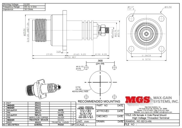 HN female 4 Hole Panel Mount 5mm Stud Connector 8313-HN drawing - Max-Gain Systems Inc