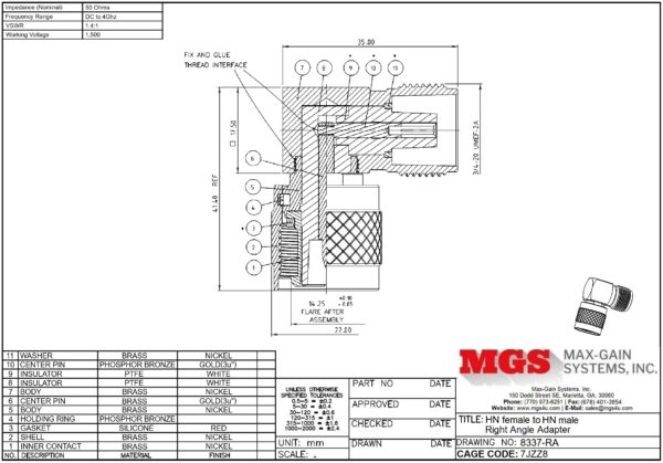 HN female to HN male Right Angle Adapter 8337-RA Drawing - Max-Gain Systems Inc