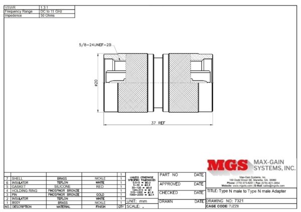 Type N male to Type N male Adapter 7321 Drawing - Max-Gain Systems Inc