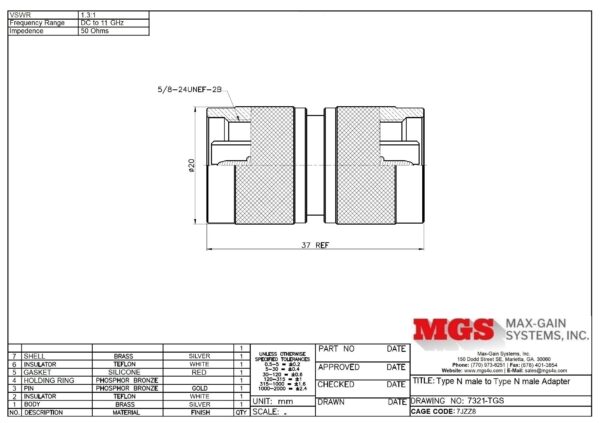 Type N male to Type N male Adapter 7321-TGS Drawing - Max-Gain Systems Inc