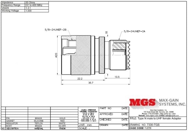 Type N male to UHF female Adapter 7330-TGS Drawing - Max-Gain Systems Inc