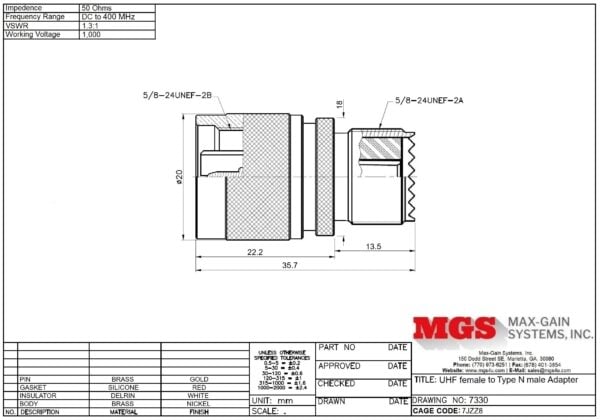UHF female to Type N male Adapter 7330 Drawing - Max-Gain Systems Inc