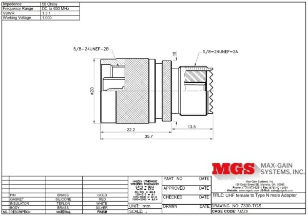 UHF female to Type N male Adapter 7330-TGS Drawing - Max-Gain Systems Inc